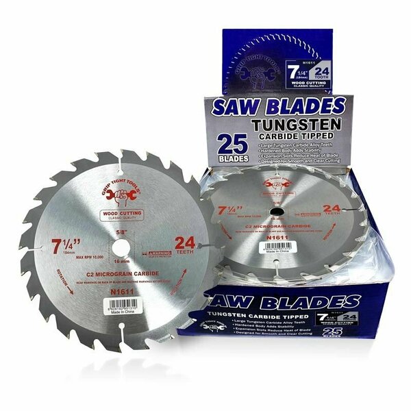 Grip Tight Tools 7-1/4-inch Classic 24-Tooth Tungsten Carbide Tipped Circular Saw Blade, Wood Cutting, 25PK N1611-25